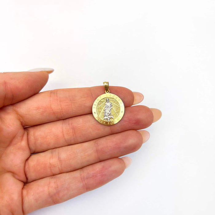 10K Yellow Gold Religious Saint Lazarus Pray For Us Medallion Pendant 0.8" 0.9" - WJD Exclusives