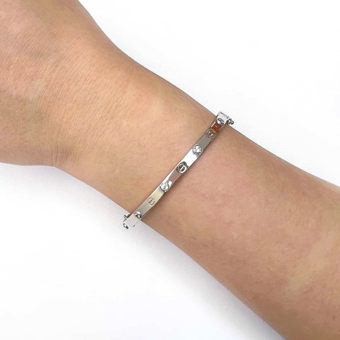 14K White Gold Hollow 4mm Screw CZ Bangle Bracelet 7.25"-7.5"