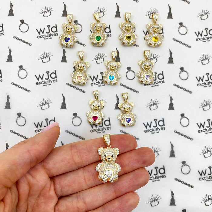 14K Gold CZ Color Birthstone Puffed Teddy Bear Pendant 1.2"