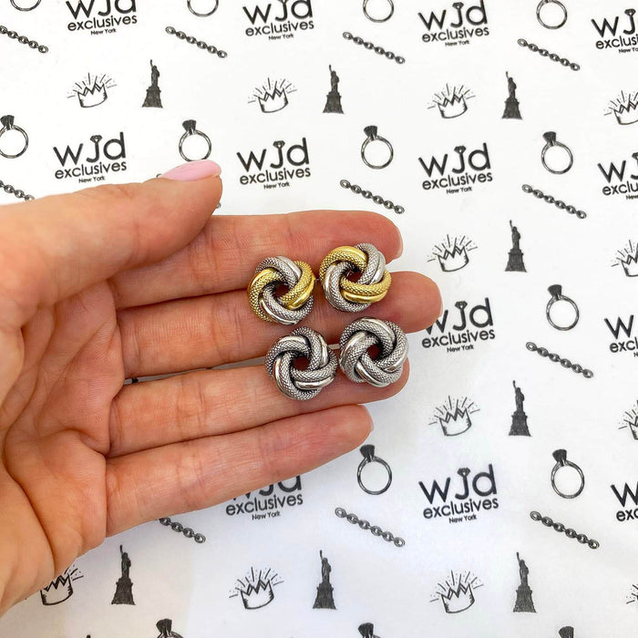 14K Two-Tone White Gold Mesh Tube Love Knot Stud Earrings 14mm