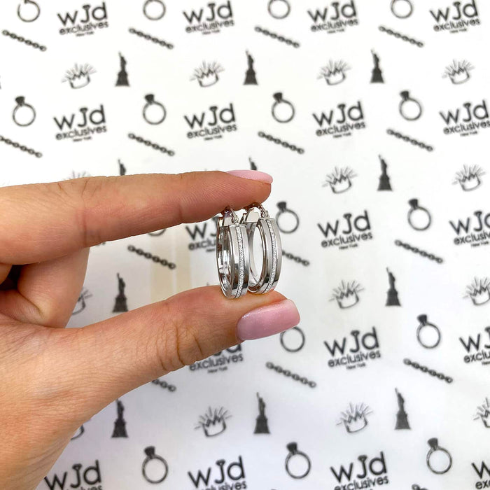 14K White Gold Glitter Line Hoop Earrings 21mm