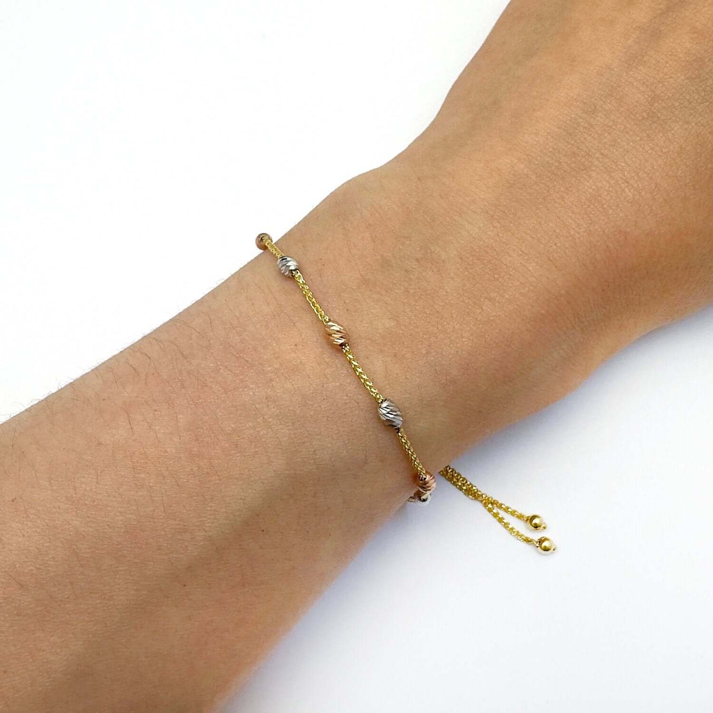14K Gold Tri-Color Stationed Diamond-Cut Oval Beads Bolo Bracelet Adjustable