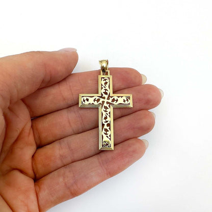 14K Yellow Gold Vine Ornament Cross Pendant 1.8"