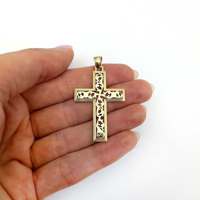 14K Yellow Gold Vine Ornament Cross Pendant 1.8" - WJD Exclusives