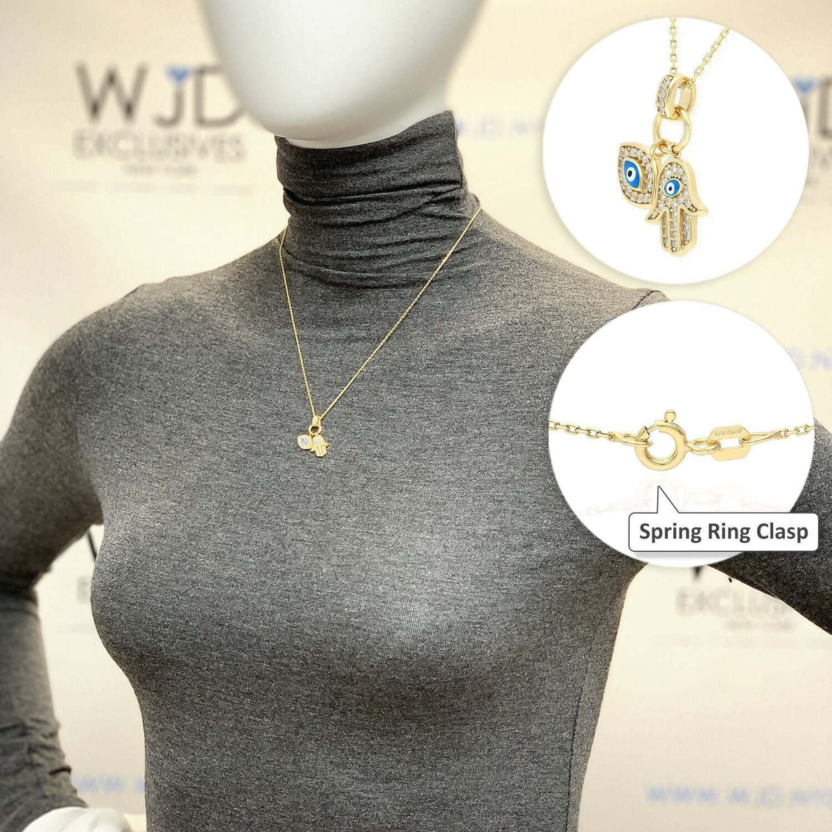 14K Gold Over Silver CZ Evil Eye Hamsa Pendant with 18" Necklace