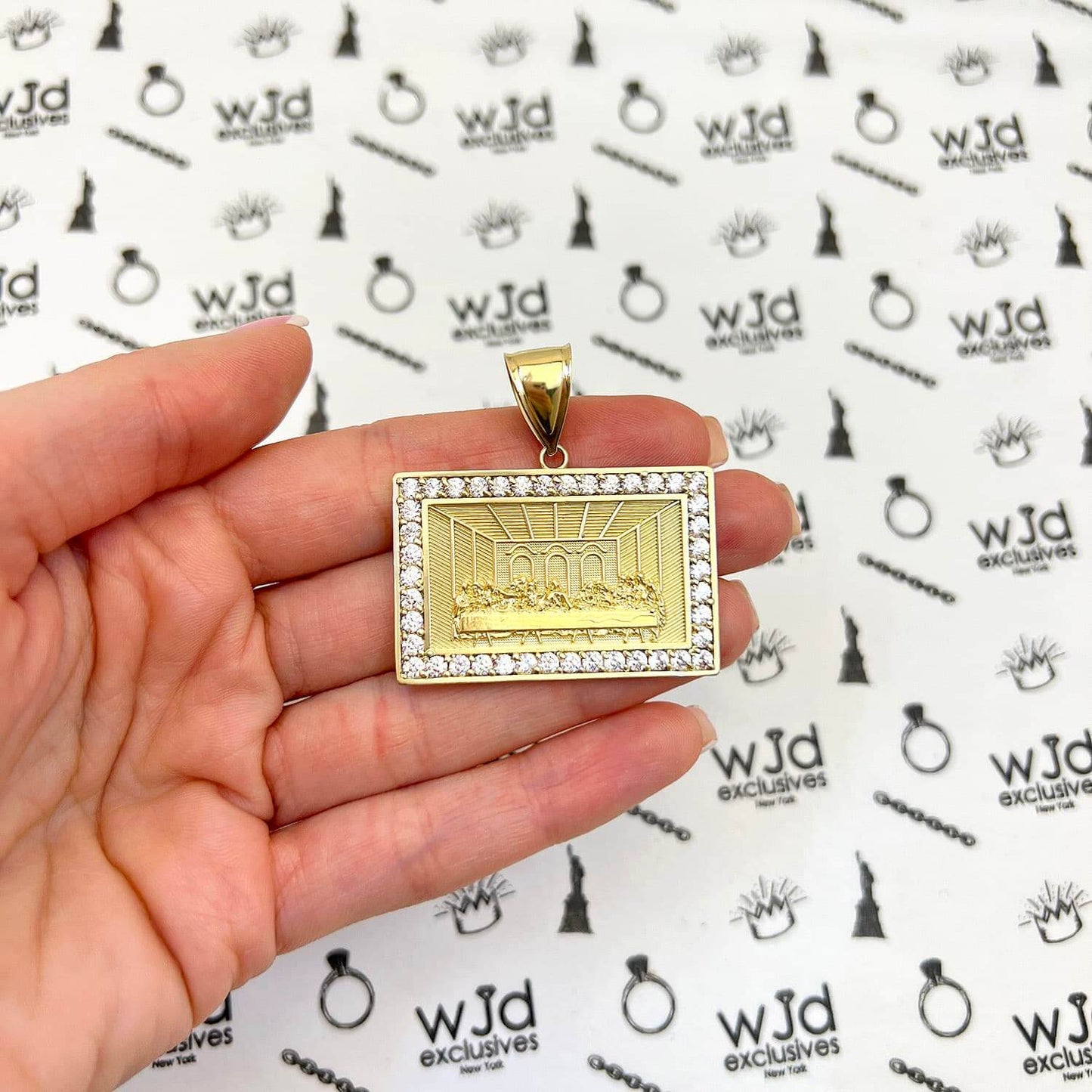 10K Yellow Gold CZ Religious Last Supper Rectangular Pendant 1.6"