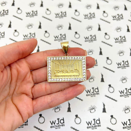 10K Yellow Gold CZ Religious Last Supper Rectangular Pendant 1.6"