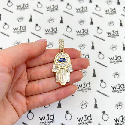14K Yellow Gold CZ Sapphire Evil Eye Hamsa Hand Pendant 2"
