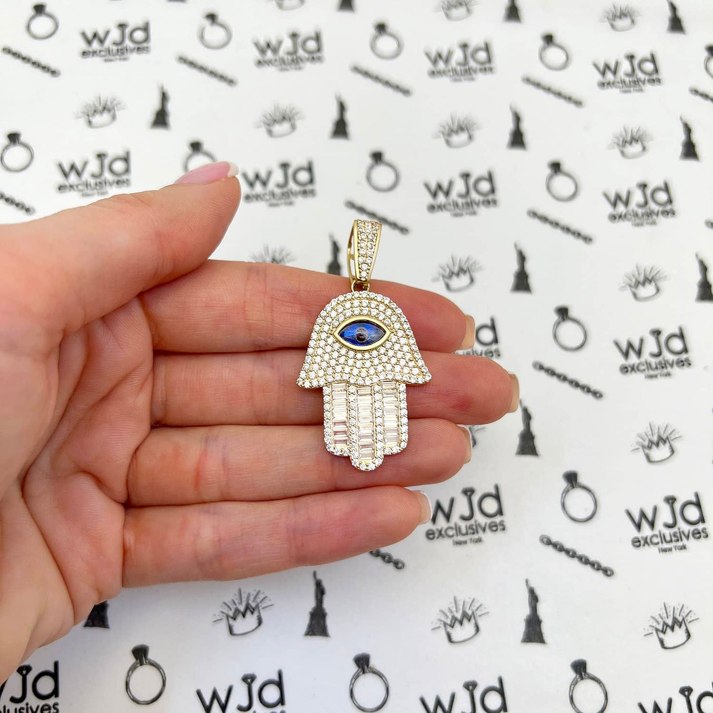 14K Yellow Gold CZ Sapphire Evil Eye Hamsa Hand Pendant 1.8"