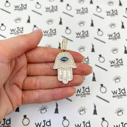 14K Yellow Gold CZ Sapphire Evil Eye Hamsa Hand Pendant 1.8"