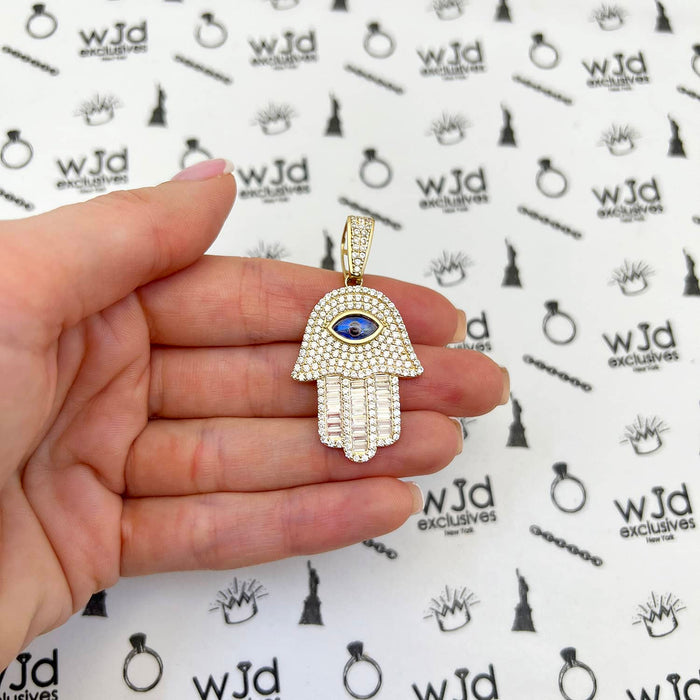 14K Yellow Gold CZ Sapphire Evil Eye Hamsa Hand Pendant 1.8"