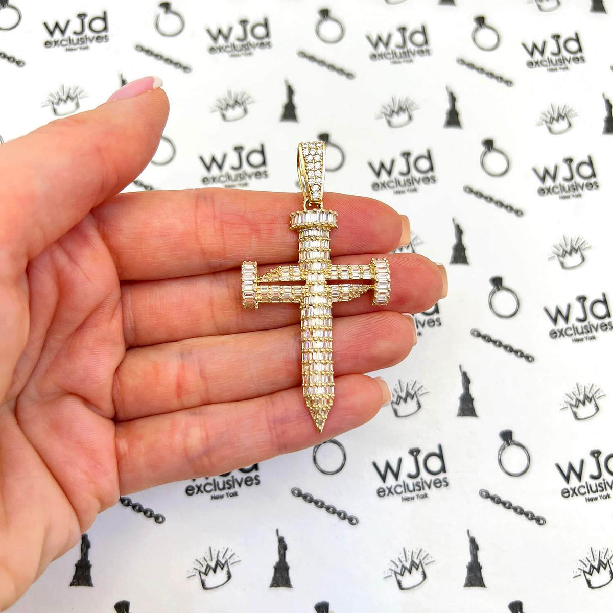 14K Yellow Gold Simulated Baguette Diamond Double Nail Cross Pendant 2.4"