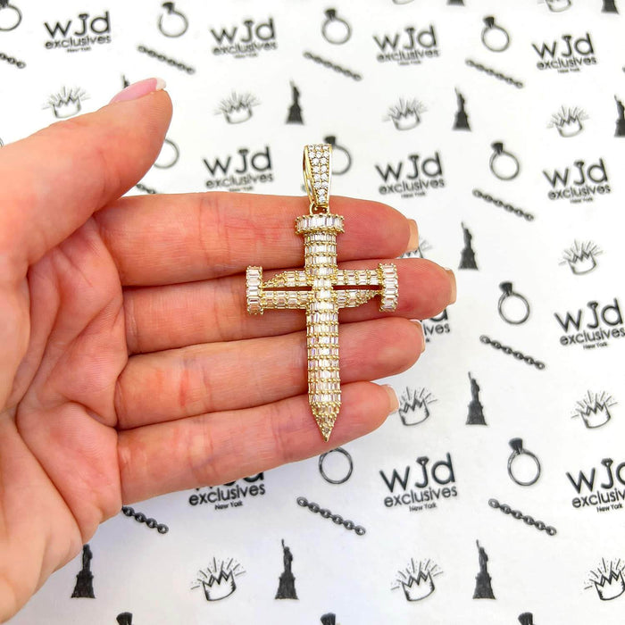 14K Yellow Gold Simulated Baguette Diamond Double Nail Cross Pendant 2.4"