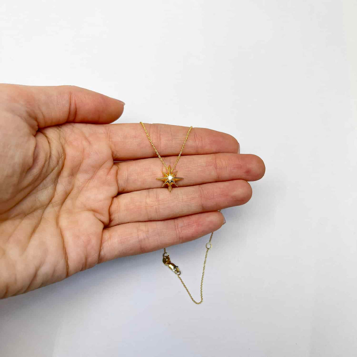 0.03CT Natural Diamond 14K Yellow Gold North Star Necklace (Solid Links) Adjustable 16"-18"