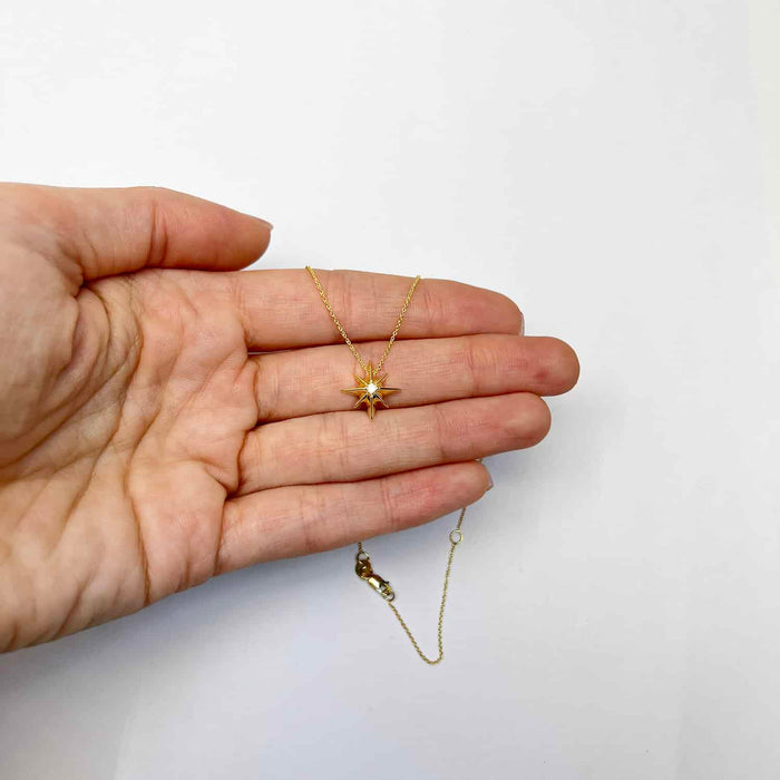 0.03CT Natural Diamond 14K Yellow Gold North Star Necklace (Solid Links) Adjustable 16"-18"