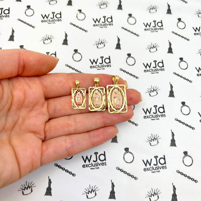 10K Gold Our Lady Of Guadalupe Rectangle Diamond-Cut Religious Pendant 0.8"-1.2"