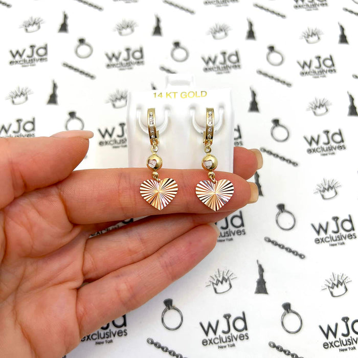 14K Yellow Gold Rose Heart CZ Drop Huggie Hoop Earrings 35mm