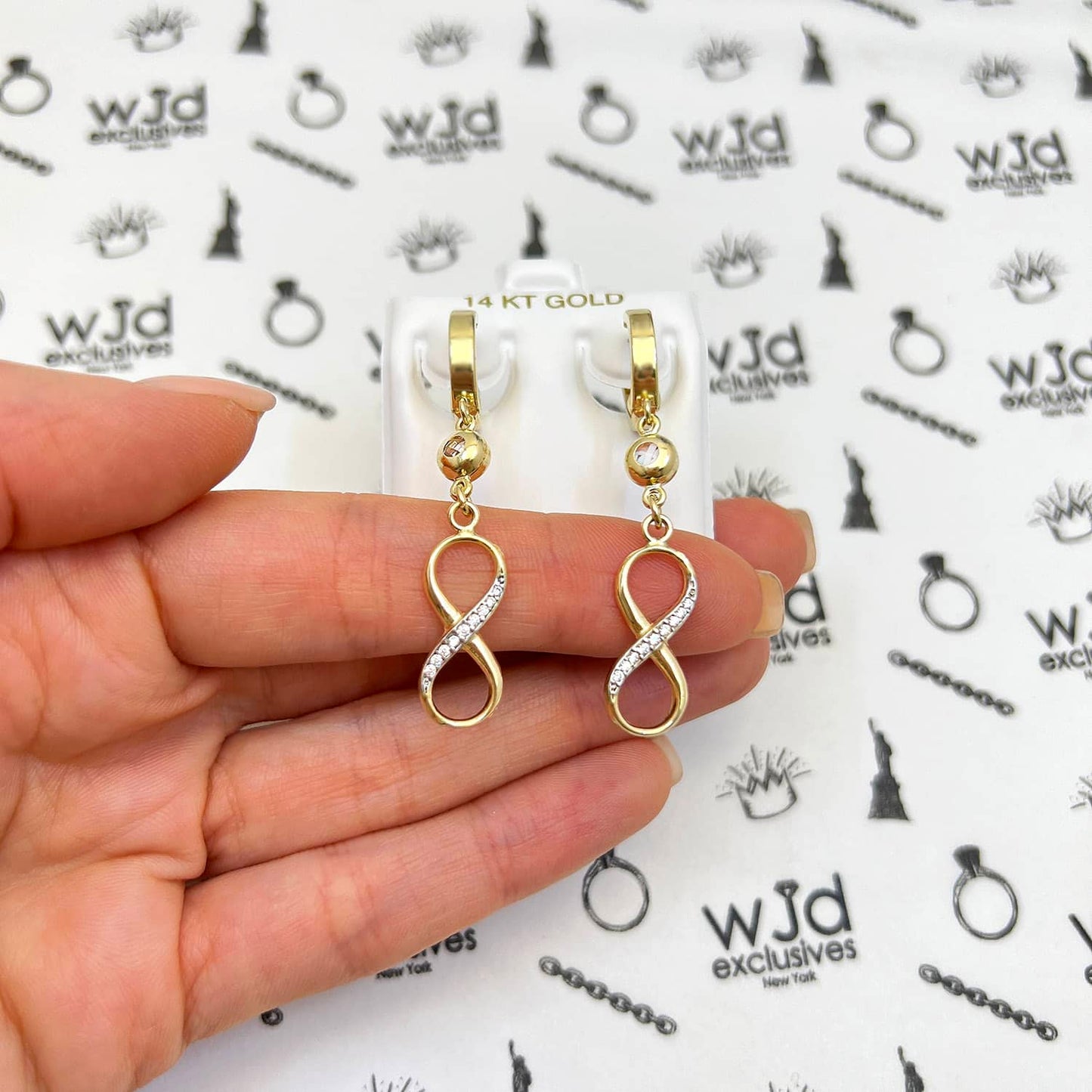 14K Yellow Gold CZ Drop  Infinity Huggie Earrings 50mm