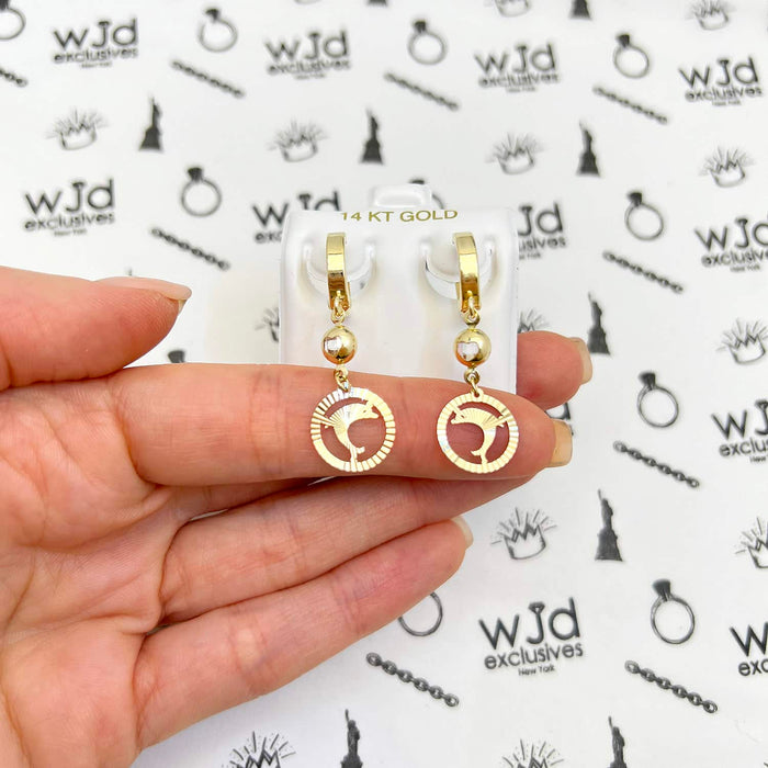 14K Yellow Gold Drop Diamond-Cut Dolphin Huggie Hoop Earrings 12mm