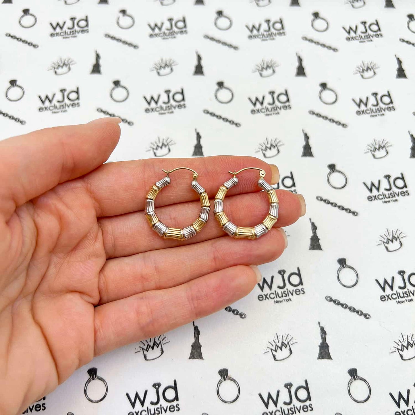 14K Gold Two-Tone Yellow White Bamboo Hoop Earrings 20mm