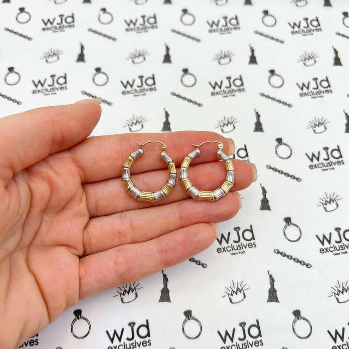 14K Gold Two-Tone Yellow White Bamboo Hoop Earrings 20mm