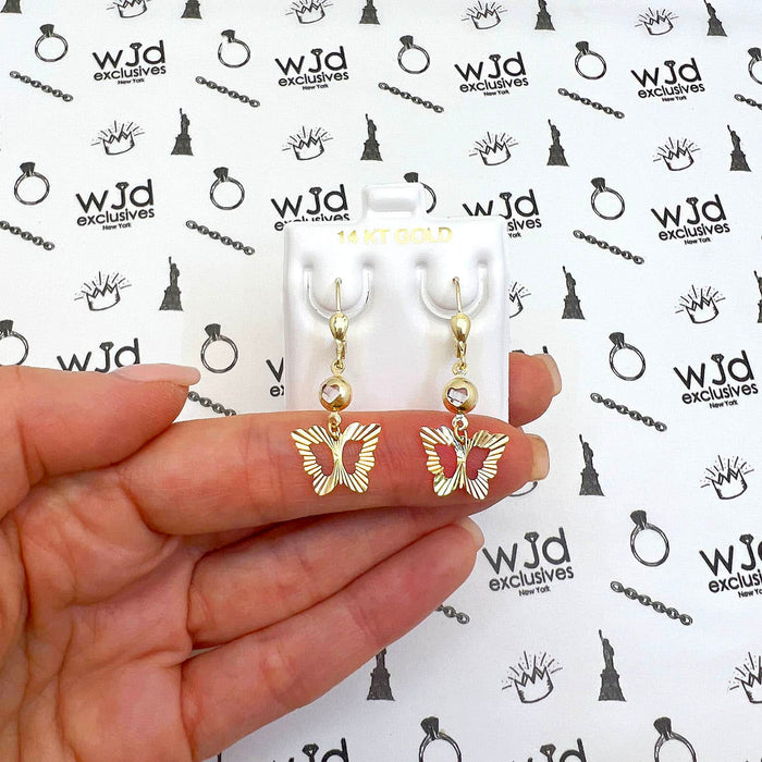 14K Yellow Gold Heart Butterfly Leverback Earrings 35mm