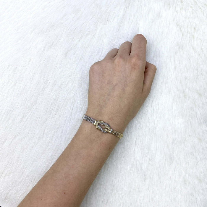 Yellow White Gold Over Sterling Silver Mesh Hercules Knot Adjustable Bracelet (Solid Links) 7"-8" Adjustable