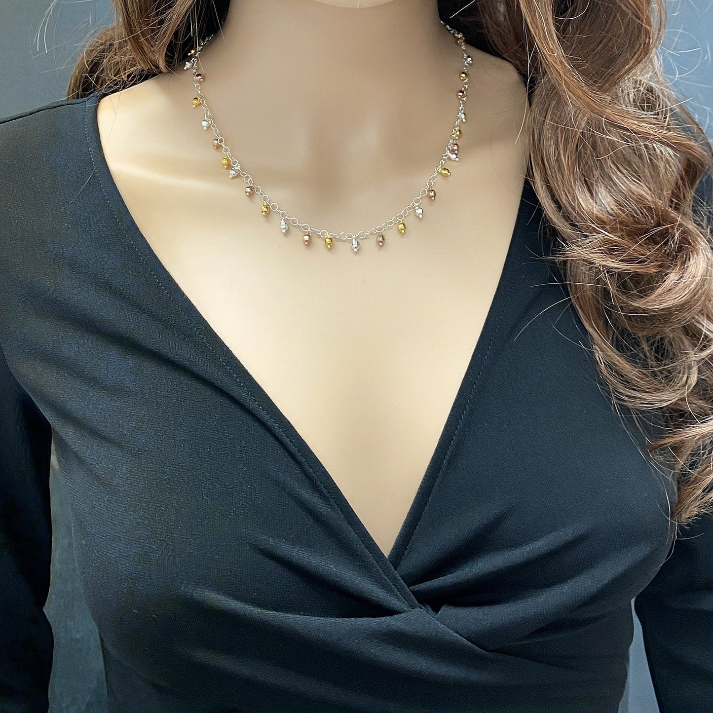 925 Silver Yellow Rose White Gold Tone Diamond Cut Dangle Beds Necklace 18"