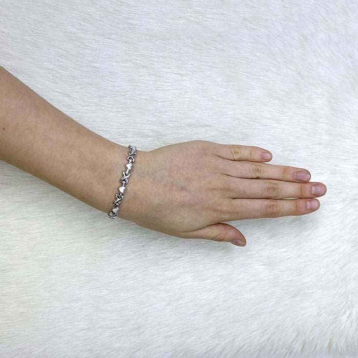 Sterling Silver 5.8mm Heart & Kisses XO Bracelet (Hollow) 7.5"