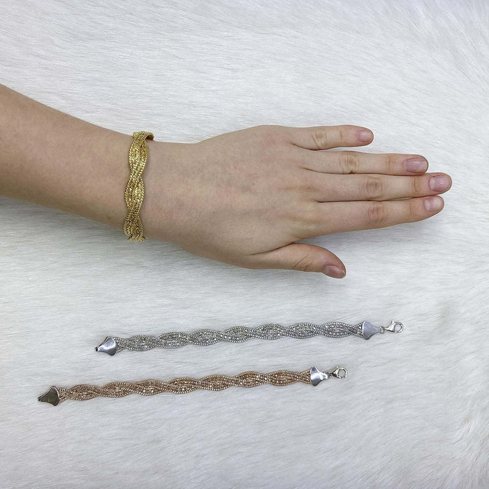 Yellow White Rose Gold Over Sterling Silver Fancy Braided Box Bracelet (Hollow) 7.5"