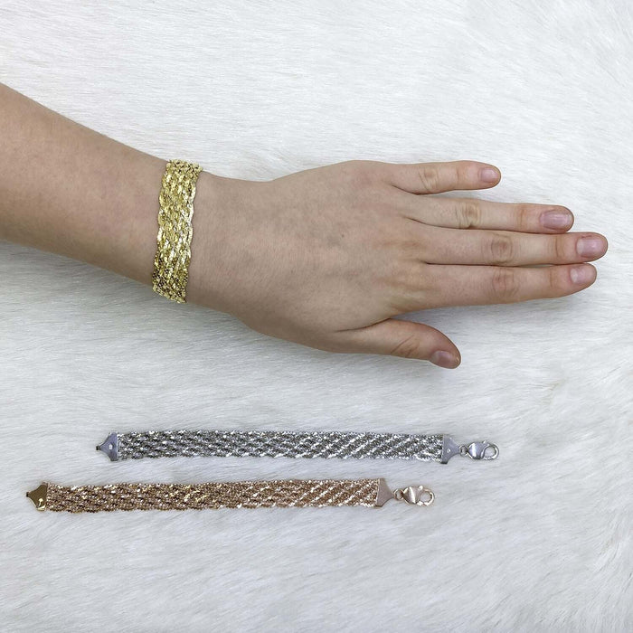 Yellow White Rose Gold Over Sterling Silver Braided Twisted Fancy Bracelet (Solid Links) 7.5"