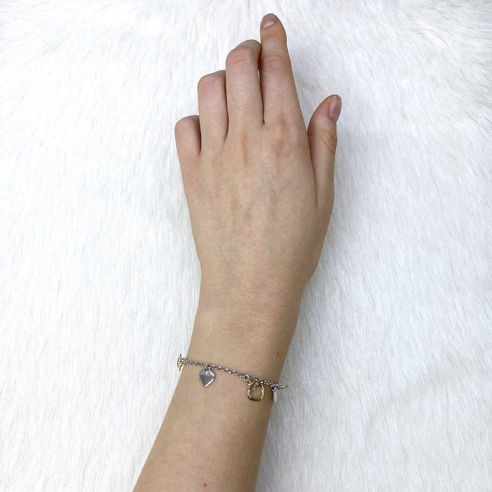 Yellow White Gold Over Sterling Silver Heart Charm Bracelet (Solid Links) 7.5"-8.5" Adjustable