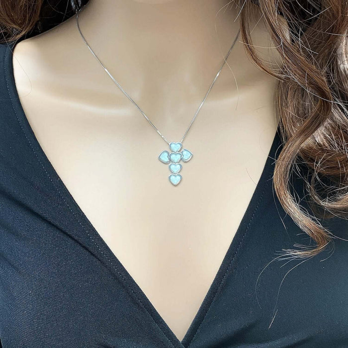Sterling Silver Box Link Heart Green Pink Opal Cross Necklace (Solid Links) 18"