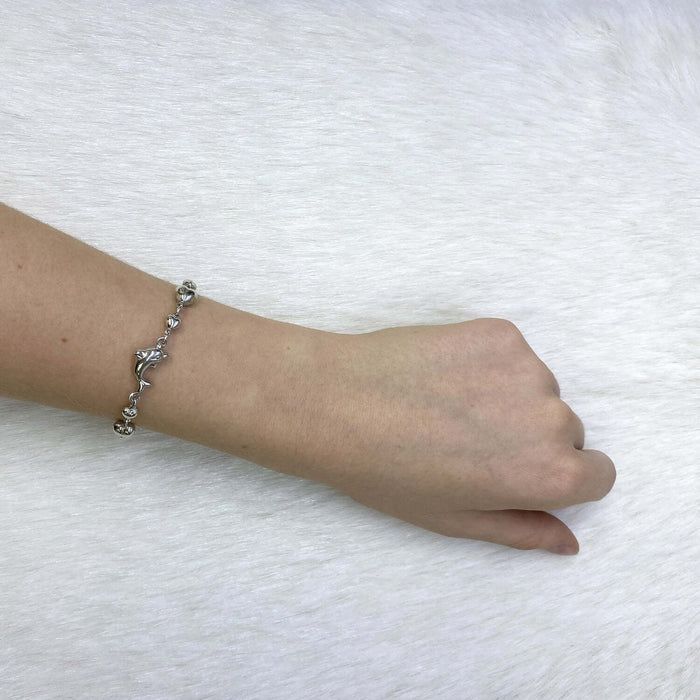 Sterling Silver Shiny Puffed Dolphin and Heart Adjustable Bracelet (Solid Links) 7"-8.5" Adjustable