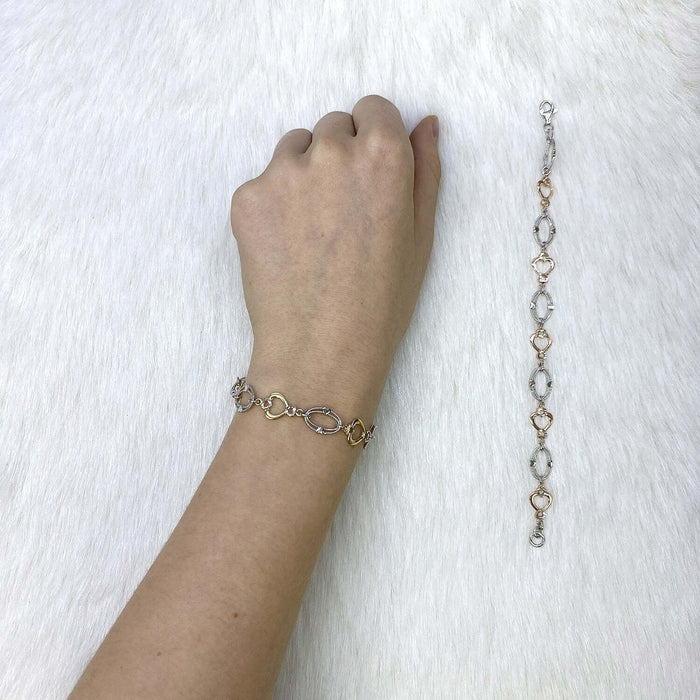 Yellow Rose Gold Two-Tone Over Sterling Silver Heart and Oval Bracelet (Solid Links) 7.25"