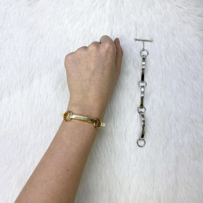 Yellow White Gold Over Sterling Silver Bar Toggle Bracelet (Solid Links) 7"