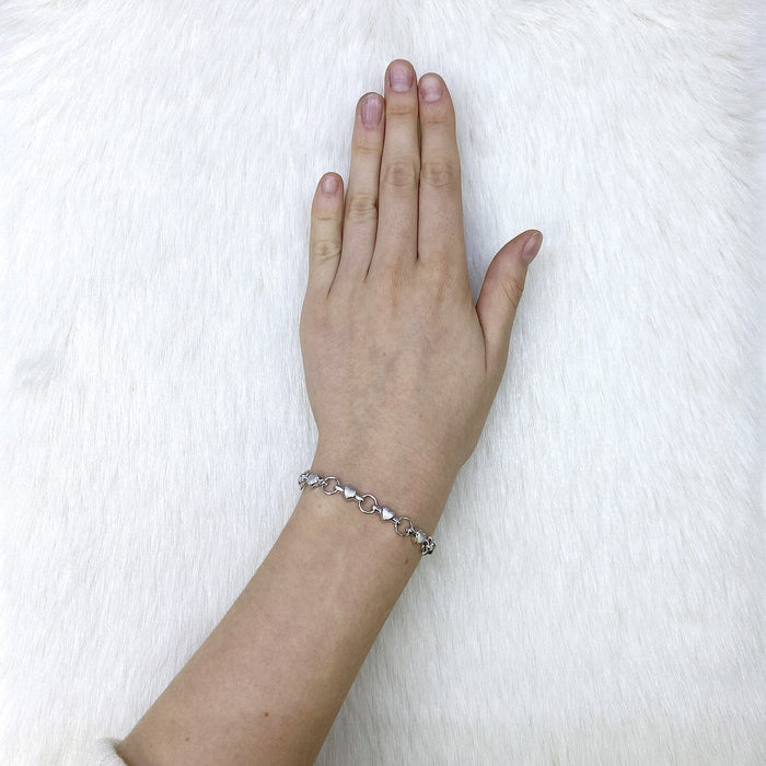 Sterling Silver Satin Finish Heart Bracelet (Solid Links) 7.5"