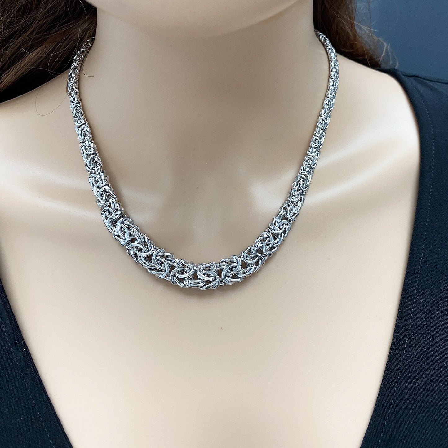 925 Sterling Silver Byzantine  Graduated Necklace 18"