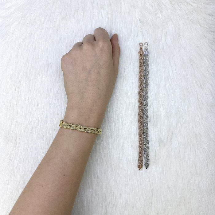 Yellow White Rose Gold Over Sterling Silver 7.5mm Braided Mesh Bracelet (Solid Links) 7.25"