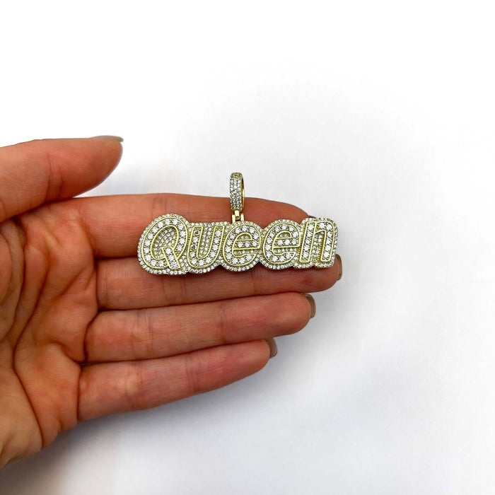 18K Yellow Gold Over Silver CZ Pave QUEEN Pendant - WJD Exclusives