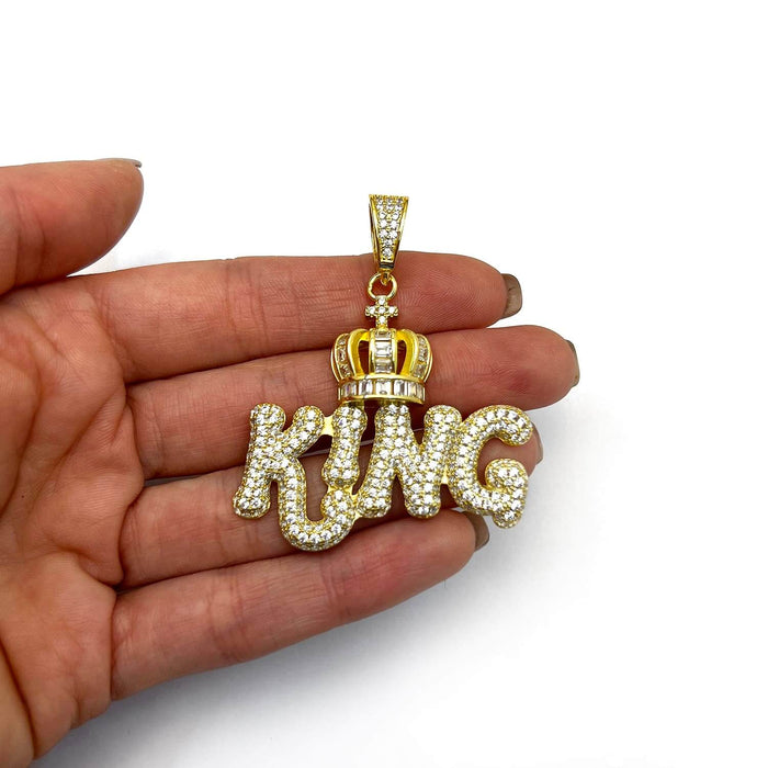 18K Gold Over Silver CZ Pave Puffed KING Crown Pendant - WJD Exclusives