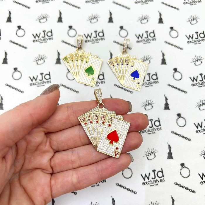 14K Yellow Gold CZ Blue Green Red Pave Playing Cards Pendant 1.9"