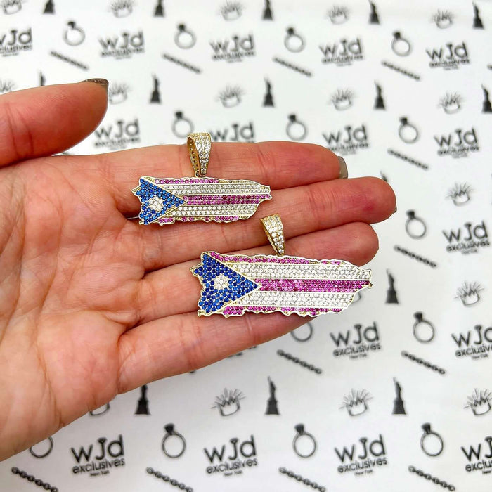 14K Yellow Gold CZ Blue Red Pave Puerto Rico Flag Map Pendant 1"