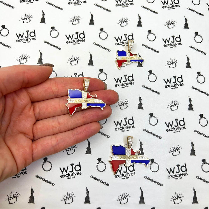 14K Yellow Gold CZ Dominican Republic Flag Map Pendant 1.15-1.4"