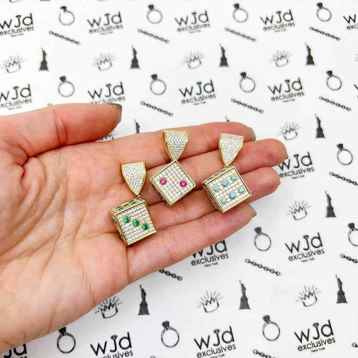 14K Yellow Gold CZ Red Blue Green Mini Dice Pendant 1.5"