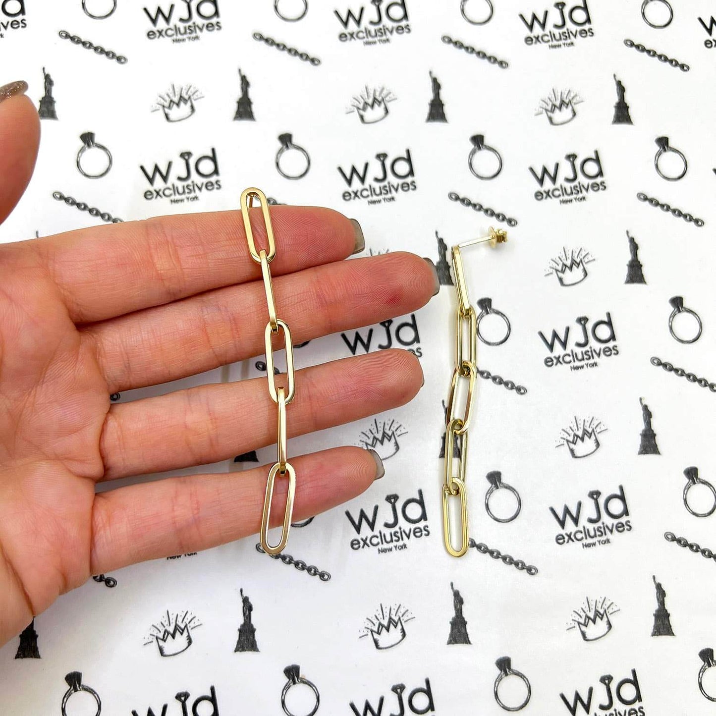 14K Yellow Gold 5-Link Paperclip Drop Push Back Earrings 76mm