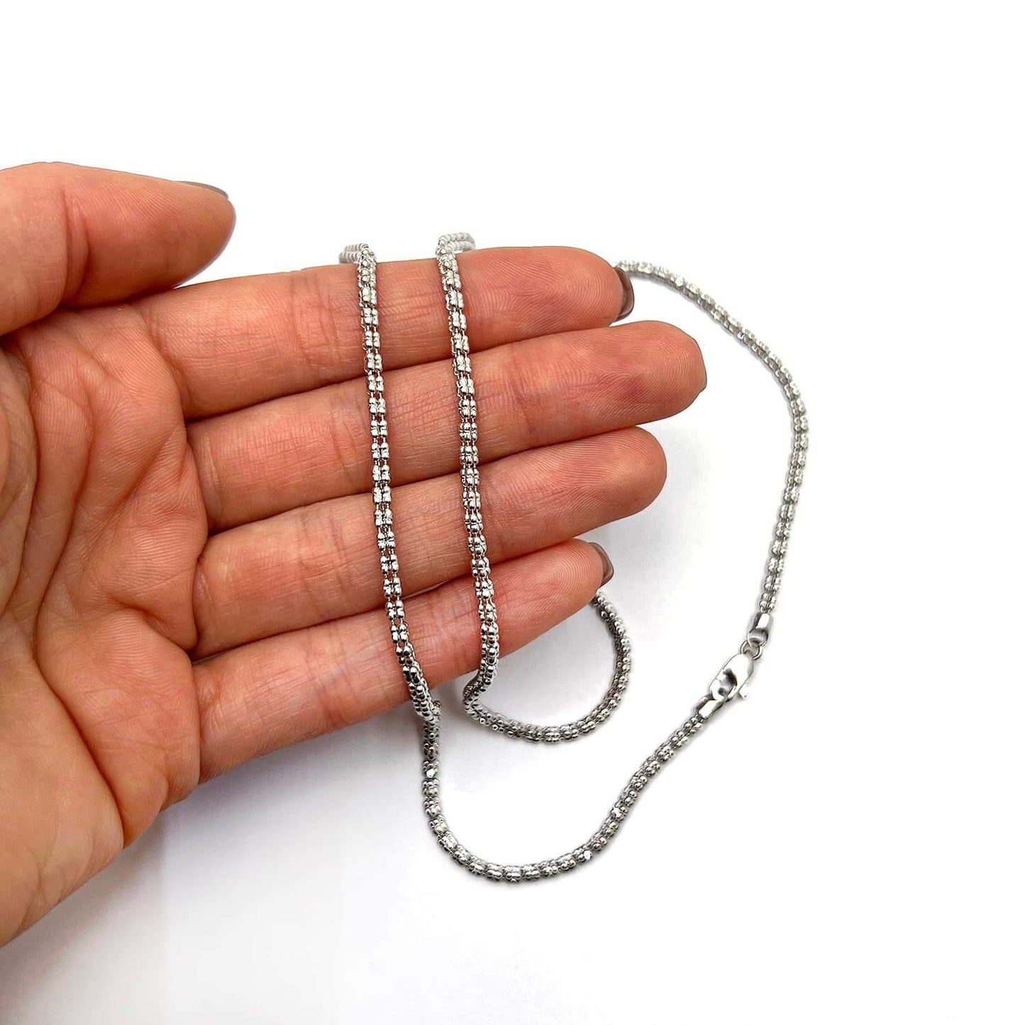 14K White Gold 2.5mm Diamond-Cut Ice Pave Mesh Chain Necklace 16"-24"