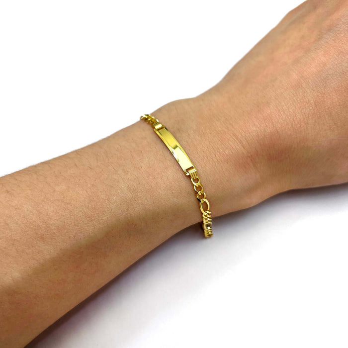 Engravable 10K Yellow Gold 3.5mm Figaro Personalized ID Bar Bracelet (Hollow) 6" - WJD Exclusives
