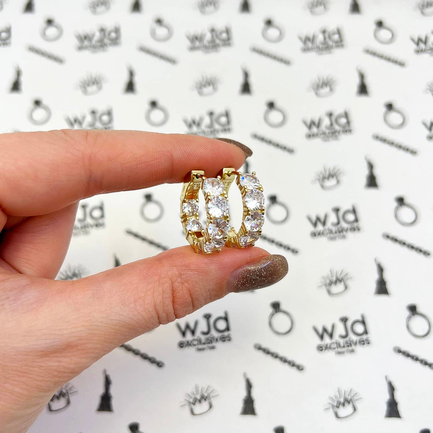 Yellow White Gold Over Silver CZ Huggie Hoop Earrings 22mm