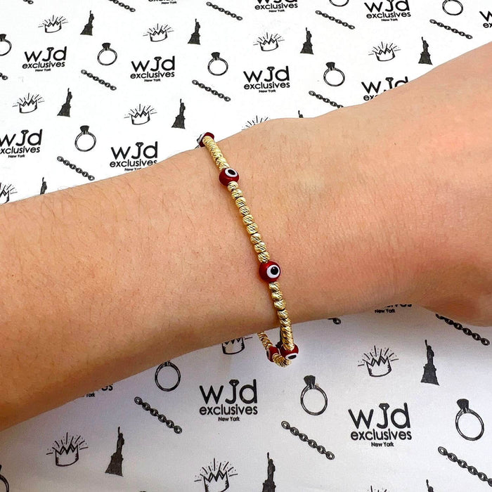 14K Gold Diamond-Cut Beaded Evil Eye Bangle Bracelet (Hollow) Adjustable 6.25"-7.5"